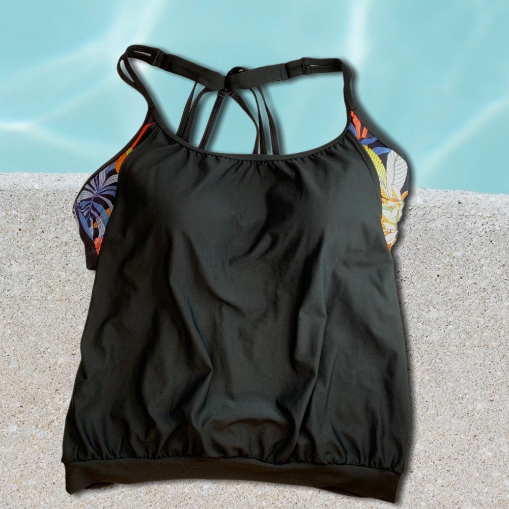 Next Black Tropical Tankini Top Swimsuit 36 B/C Double Layered NWT